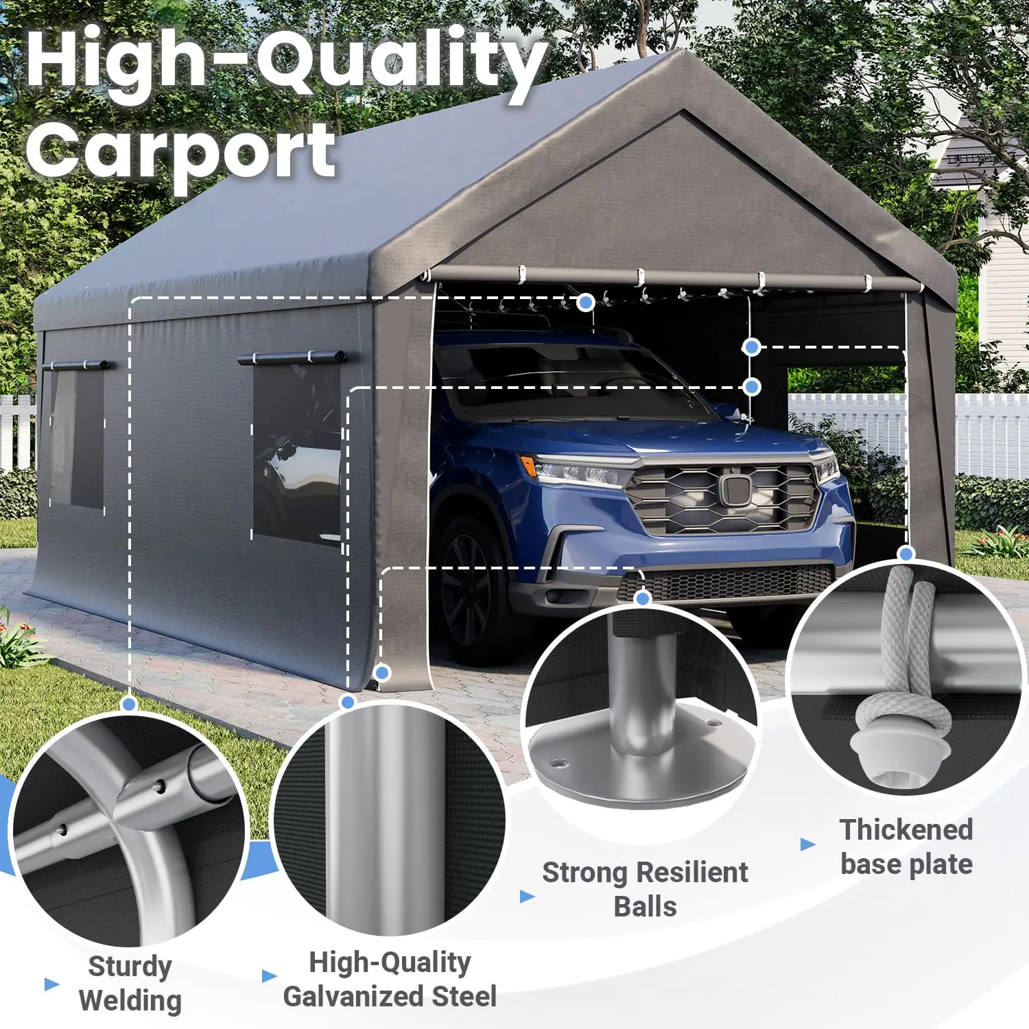 10x20 FT Heavy Duty Carport Canopy with Sidewalls, Grey | Car Port with All-Season Tarp for Cars, Portable Garage Tent, Custom