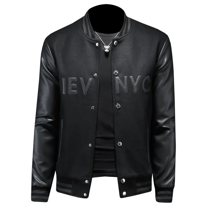 Handsome men's baseball collar patchwork jacket, high-quality baseball uniform, casual jacket, fashionable single breasted top
