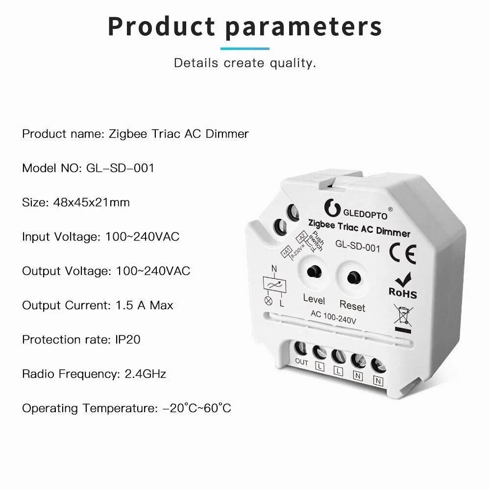 Ściemniacz AC GLEDOPTO ZIGBEE Triac 100-240V Regulowane obciążenie ma LED, lampa halogenowa o rezystancyjnym obciążeniu z transformatorem