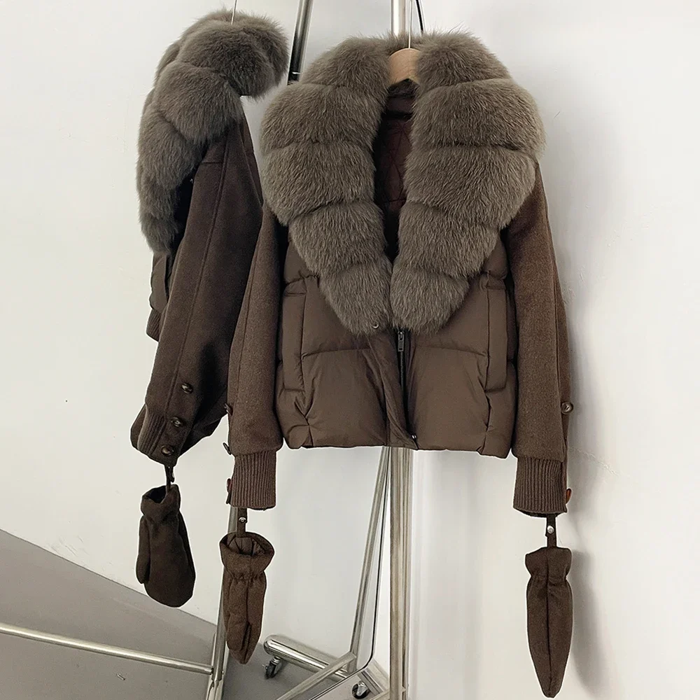OFTBUY Natürlicher Pelz-Daunenmantel für Damen, Modischer Warmer Echter Fuchspelzmantel, Neue Winter-Wärmejacke mit Abnehmbaren Handschuhen – Detail 8