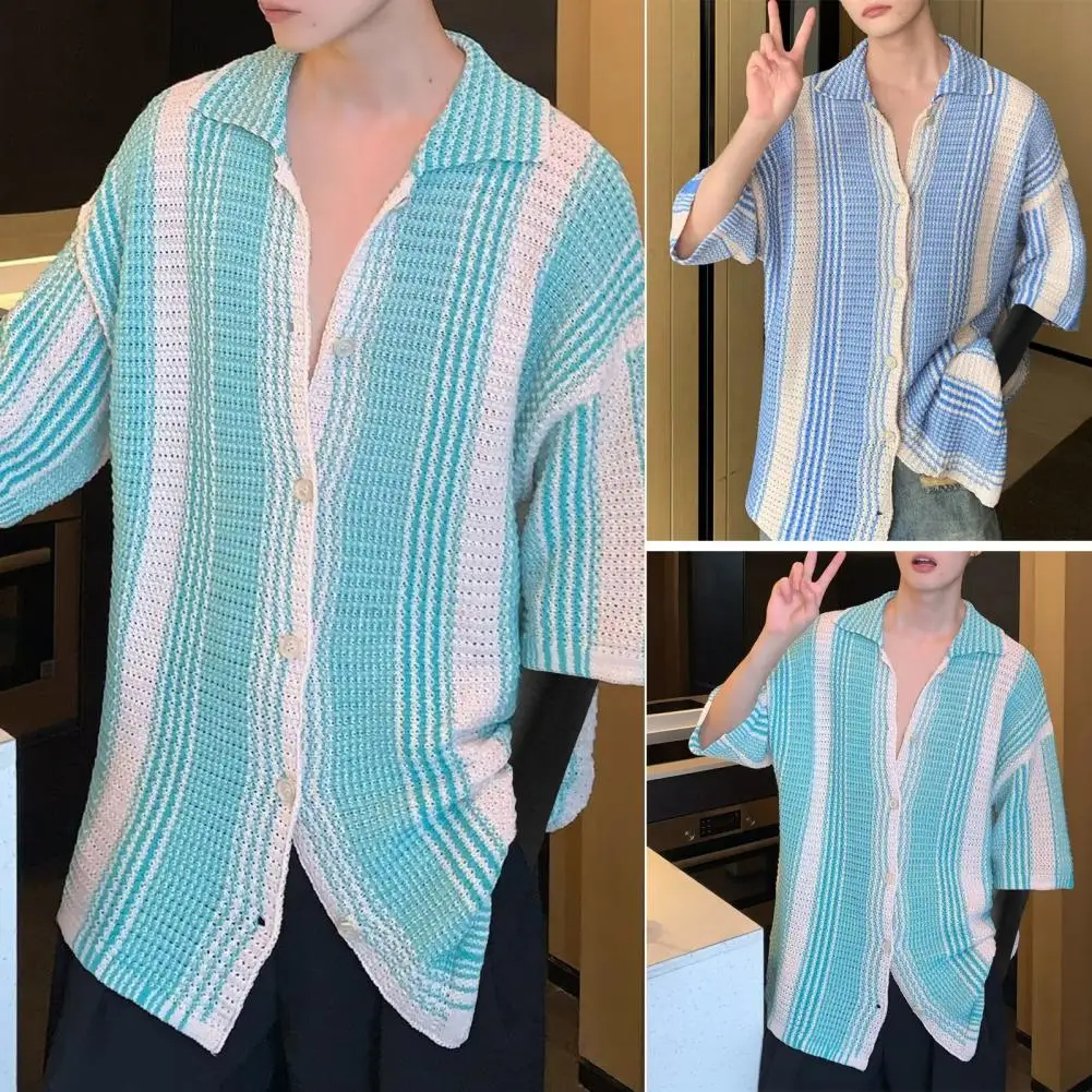 Fashion Contract Color Short Sleeve Button Lapel Tops Men Clothing Casual Loose Beach Cardigan 2024 Summer Mens Knitted Shirts