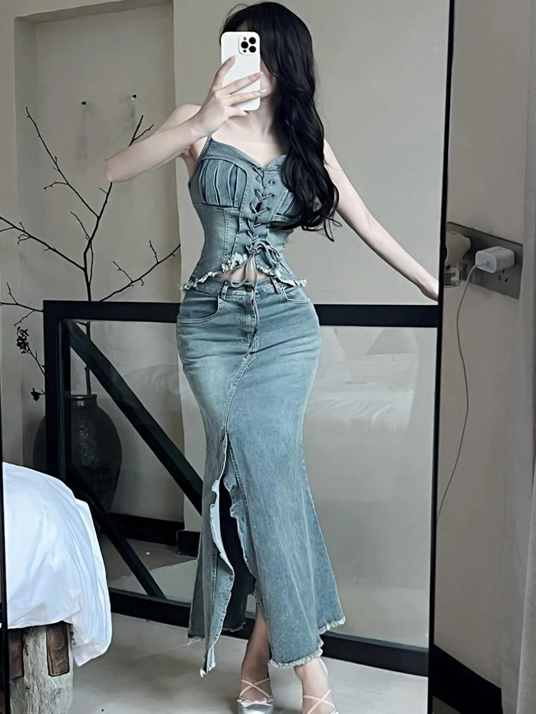 

Женская одежда Джинсовая одежда Сексуальный слинг Бандажные укороченные топы Рубашка Блузка с высокой талией Длинная юбка «рыбий хвост» Mujer Комплект из 2 предметов Мода