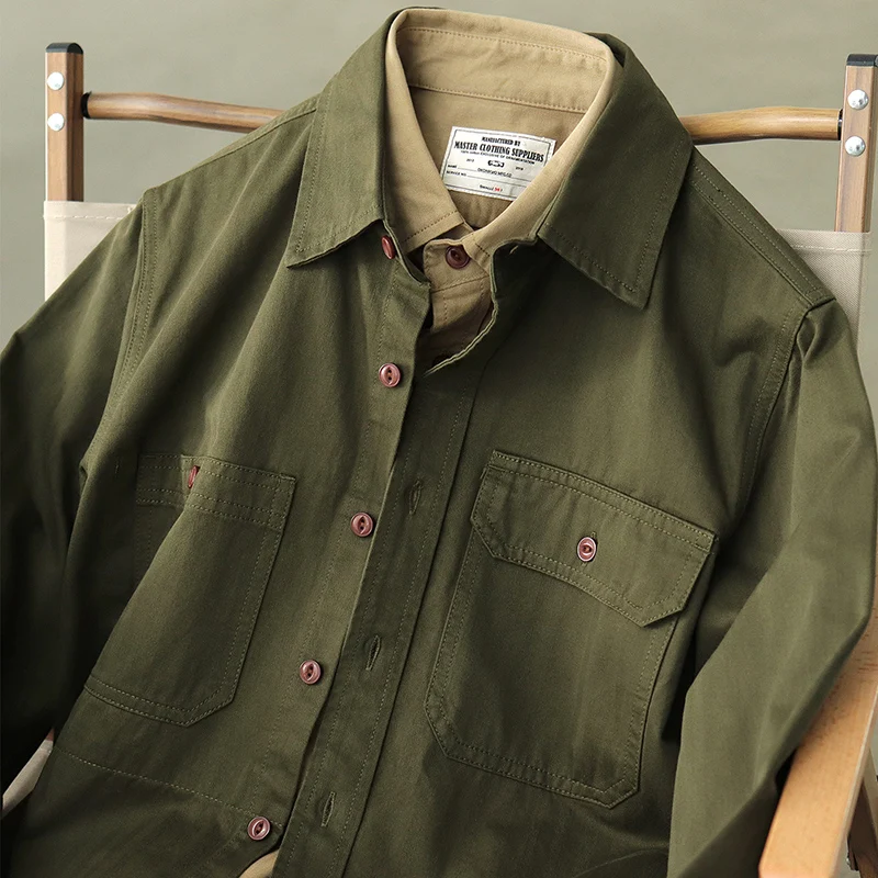 

Spring and Autumn New American Retro Engineer Tooling Shirt Coat Army Green Tough Men's 100% Cotton Washed Long Sleeved Blouses