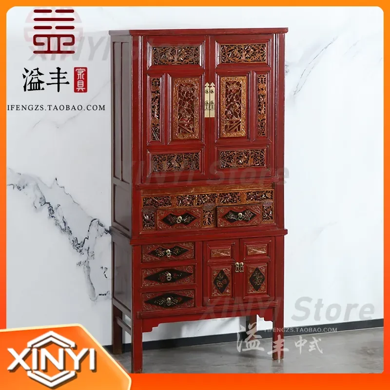 Chinese Style Carved Bookcase for Republic of China Era Antique Furniture Retro Vertical Cabinet Solid Wood Entrance Bookcase