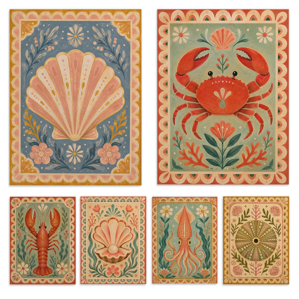 Folk art, plants and sea urchins, seashells, squid, lobster, crab, octopus, Tree of Life—vintage bohemian style poster print.