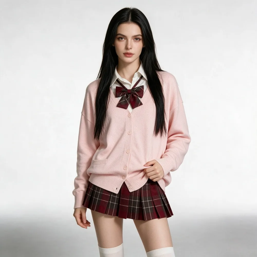 JK School Uniform Plaid Pleated Skirt Cardigan Set Preppy College Outfit School Uniform Campus Back To School Daily Wear