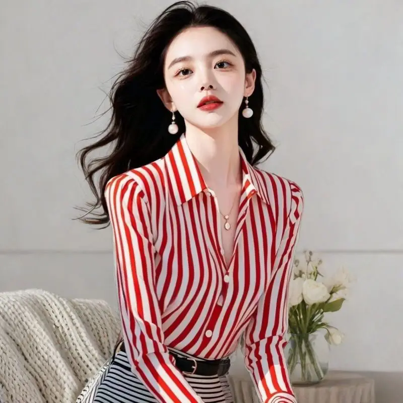 

Розовая полосатая рубашка с длинным рукавом для женщин, осенняя, элегантная, скрывающая недостатки фигуры, с воротником, стандартный крой, удобная рабочая одежда