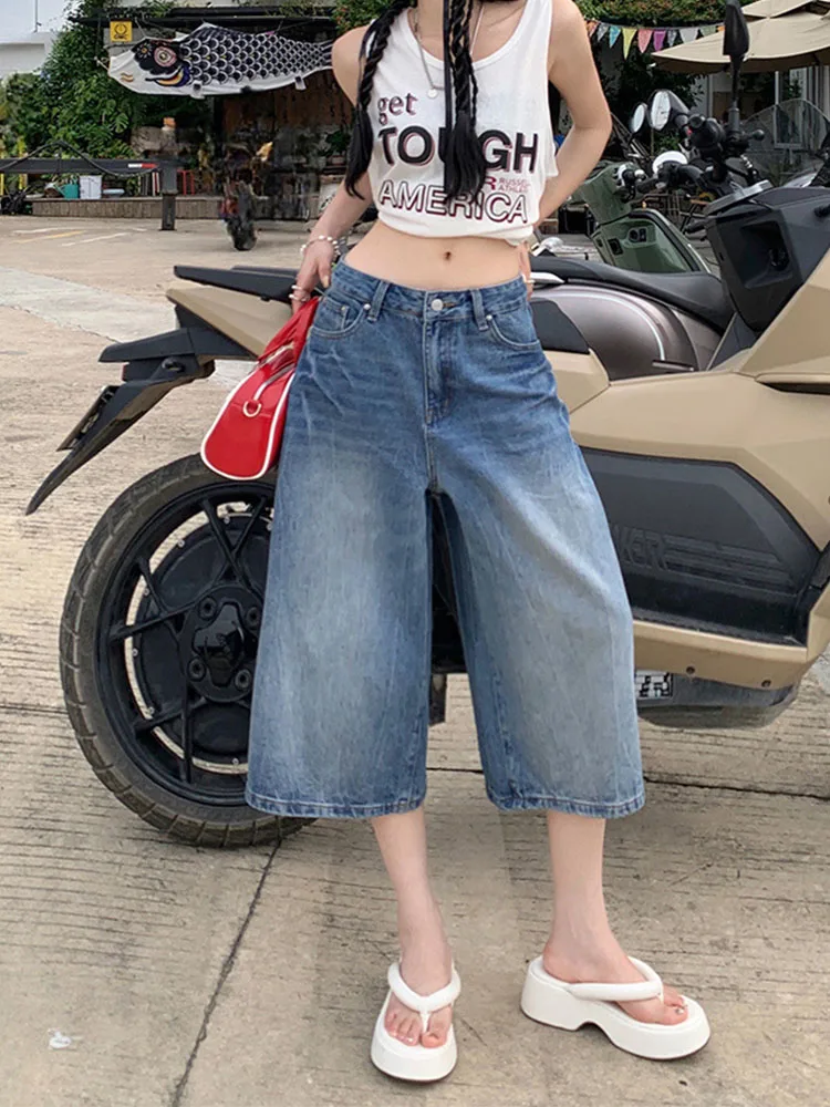 

Джинсы женские летние с высокой талией, широкими штанинами, из денима, с эффектом потертости, прямого кроя, удлиненные, модные, стройнящие