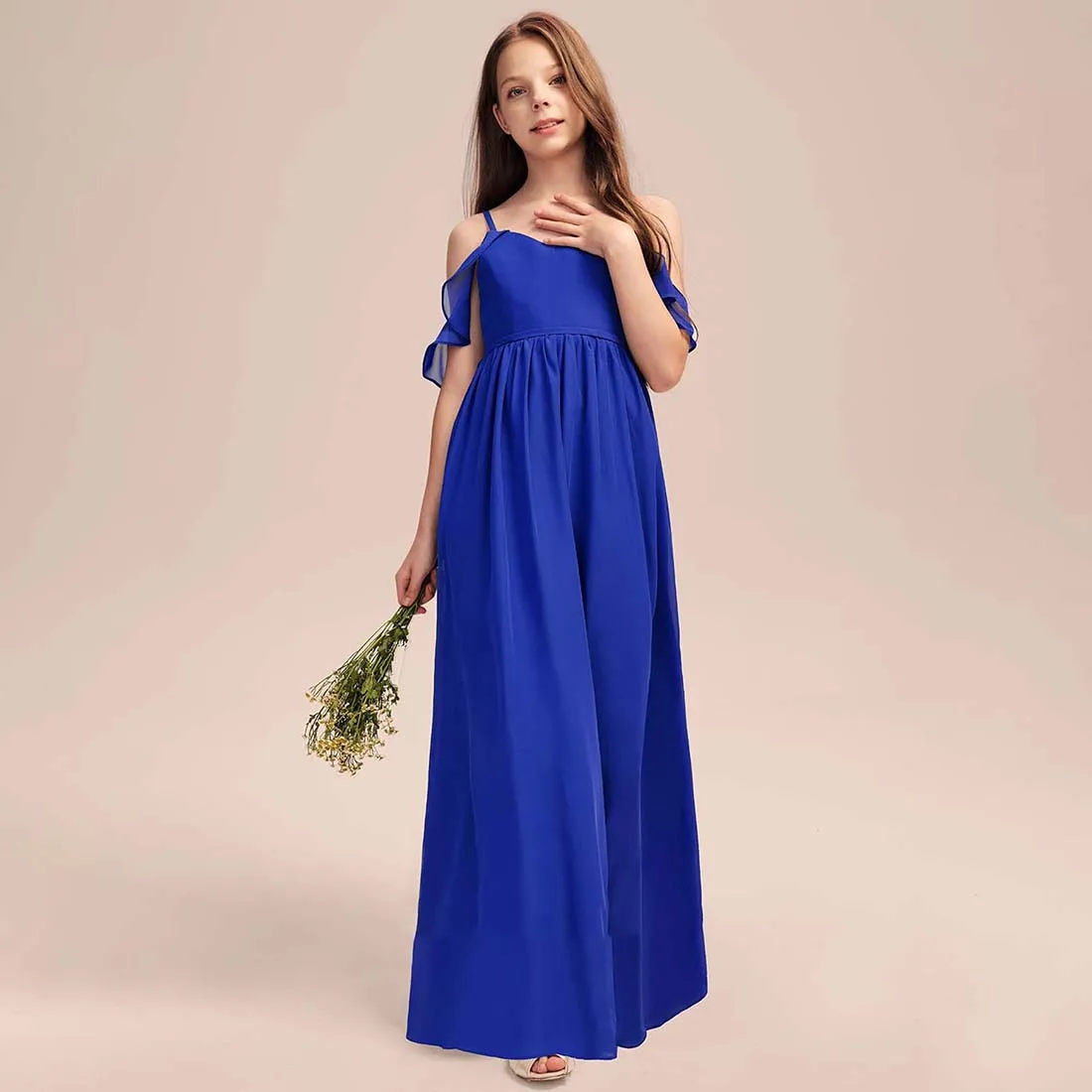 YZYmanualroom Chiffon Junior Bridesmaid Dress A-line Cold Shoulder Floor-Length 2-15T