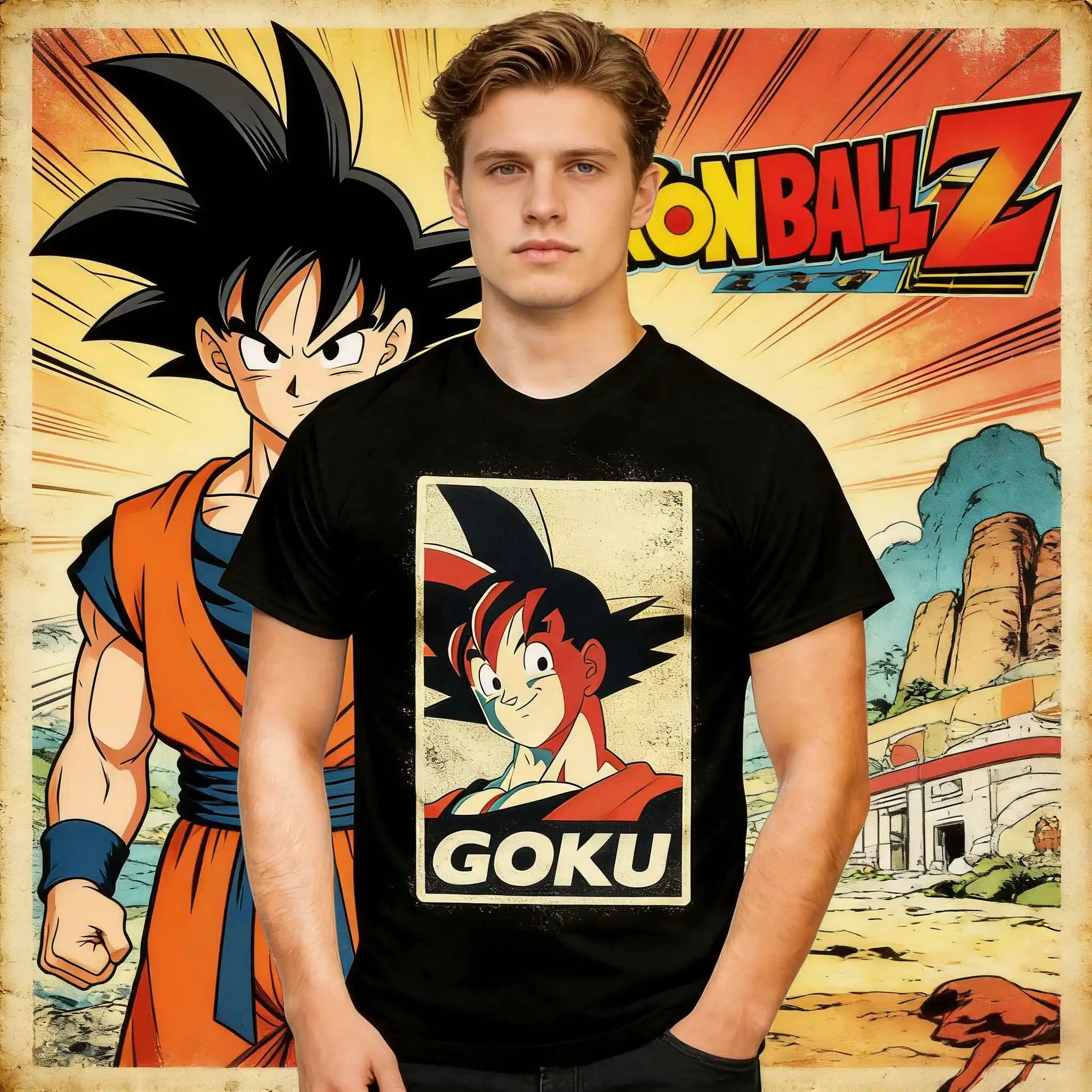 2026 Sommer Dragon Ball Retro Propaganda-Stil Goku Vintage Anime T-Shirt Herren Reine Baumwolle Lässiges Lockeres Sport-Alltags-Oberteil Y2K-Stil