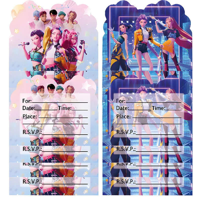 10PCS KPop Demon Hunters Birthday Invitation Card Cartoon Greeting Card Blessing Thank Envelope Postcard Paper Party Supplies