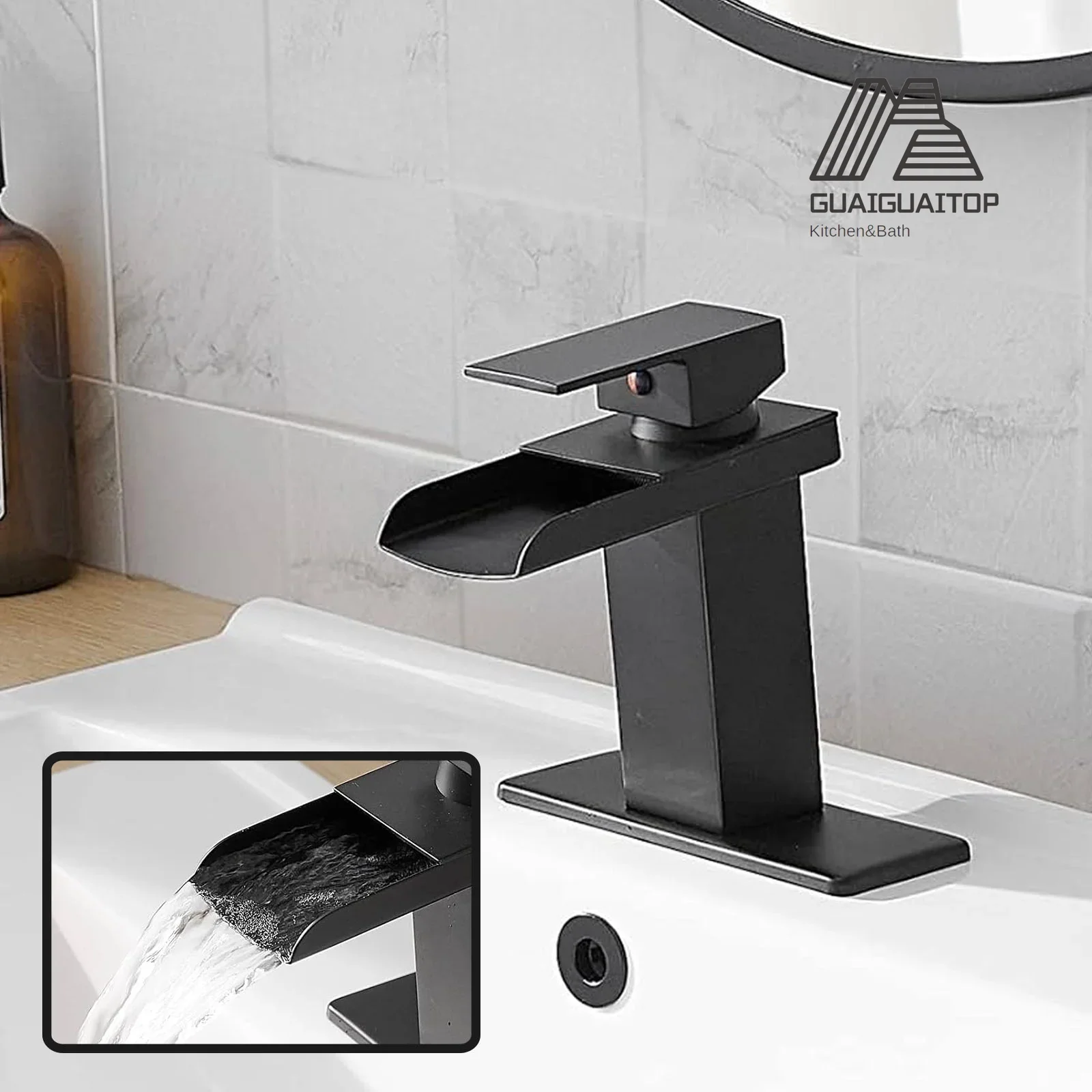 

Matte Black Waterfall Basin Faucet Single Hole Single Handle Modern Vanity Lavatory Basin Hot& Cold Mixer Tap Bathroom Faucet