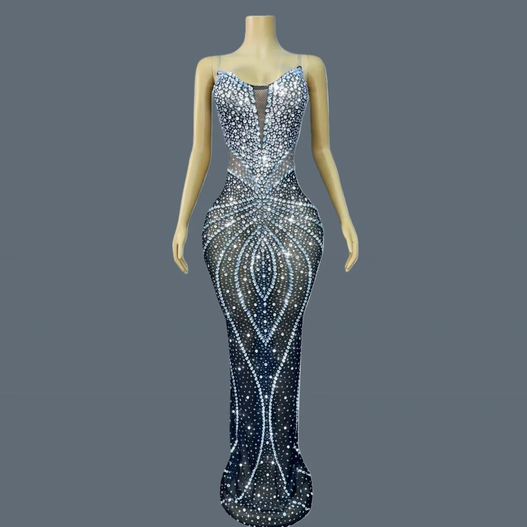 

Fashion Luxury Couture Theme Party Women Black Mesh Evening Dress Sparkly Crystals Brilliant Elegant Sexy Long Dress Shuiwang