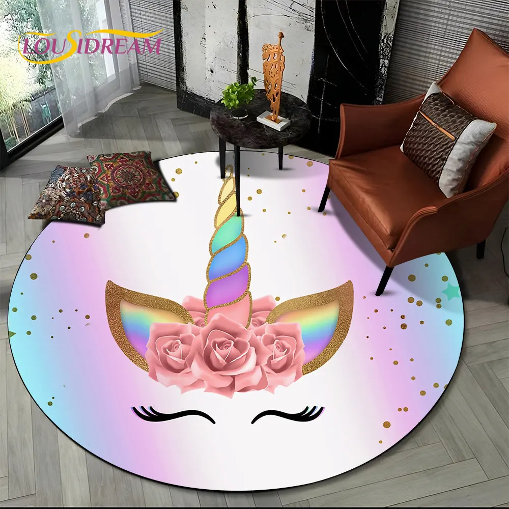 3D Cartoon Unicorn Animal Round Area Rug,Circle Carpet Rug for Living Room Children\'s Bedroom Sofa Decor,Kid Non-slip Floor Mat