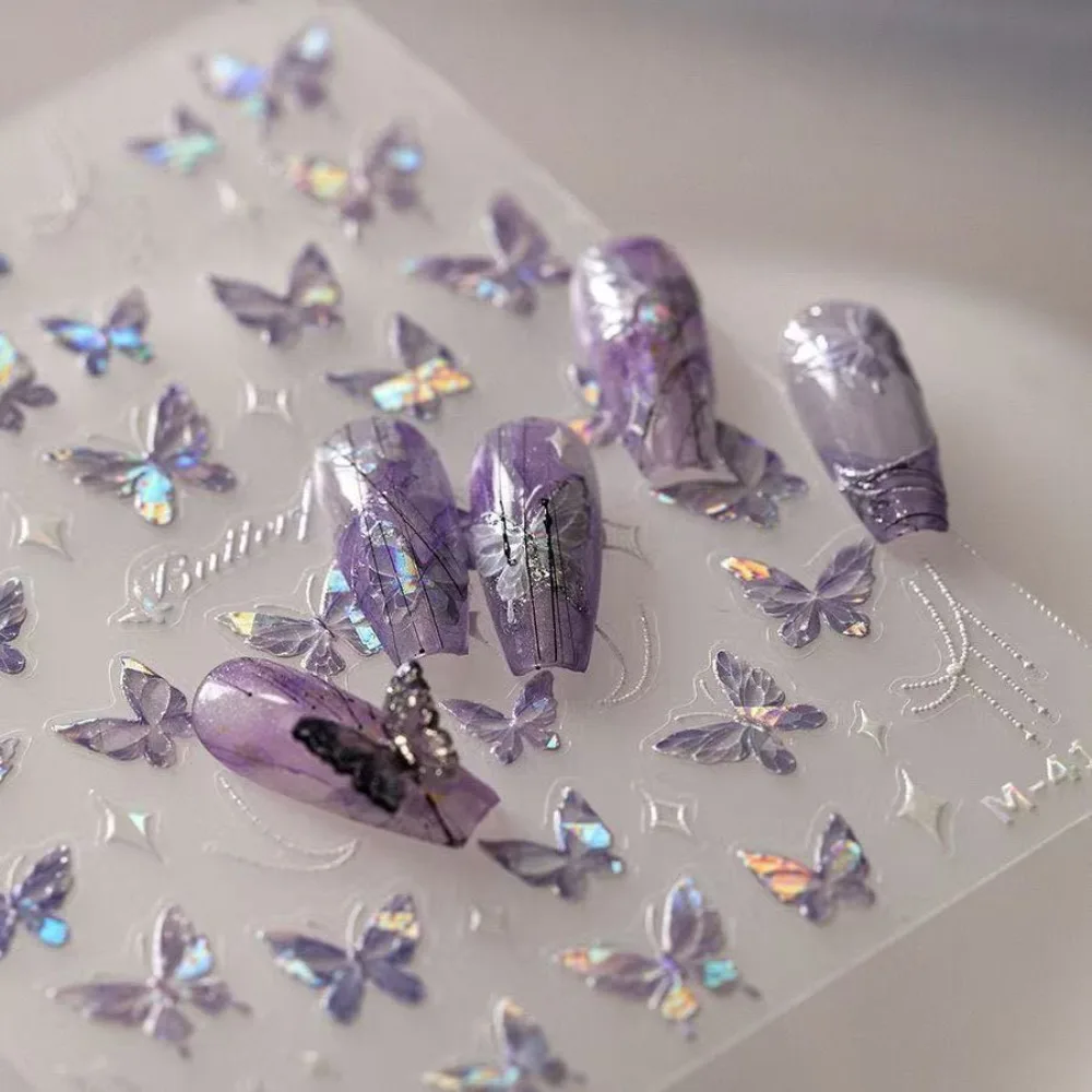 Blue & Purple Butterfly Nail Stickers Self Adhesive Mother of Pearl Glow Waterproof  Art Decals for Party Wedding DIY Manicure