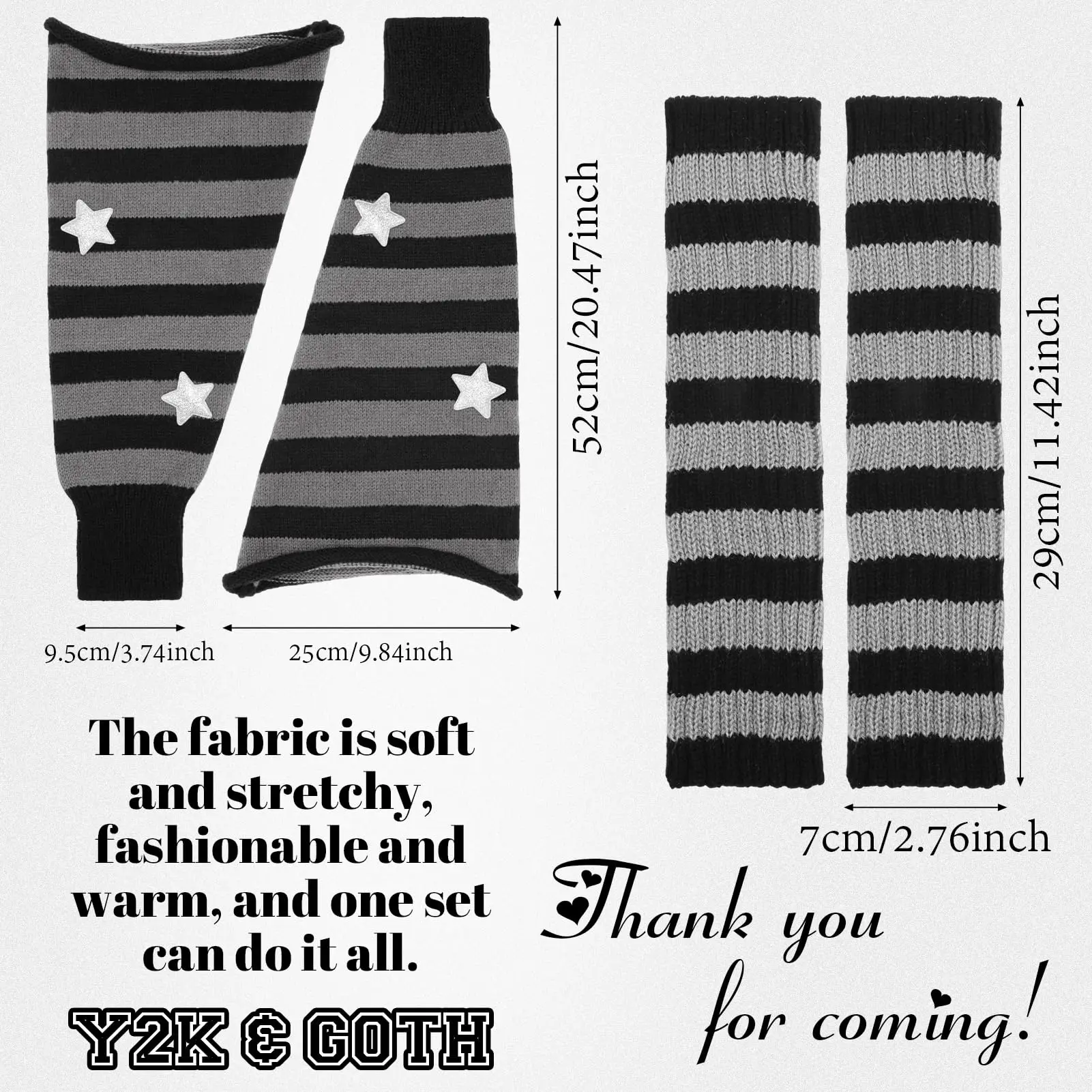 مجموعة تدفئة الساق النسائية Y2K مكونة من زوجين - خطوط وأسود ورمادية أنيقة ومطبوعات نجوم، ملابس عصرية للاحتفالات في العطلات