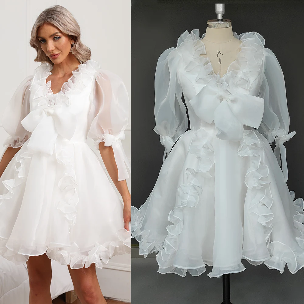 Mini robe bouffante en organza à col en V, volants, demi-manches lanterne, quel que soit le nœud des patients, princesse des anges au-dessus du genou, vraies photos, robe de mariée