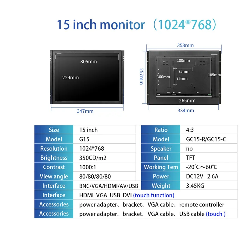 Zhixianda 15 Inch 4:3 1024*768 Open Frame Industrial Display Resistive Capacitive Touch Screen Monitor With AV BNC VGA HDMI USB