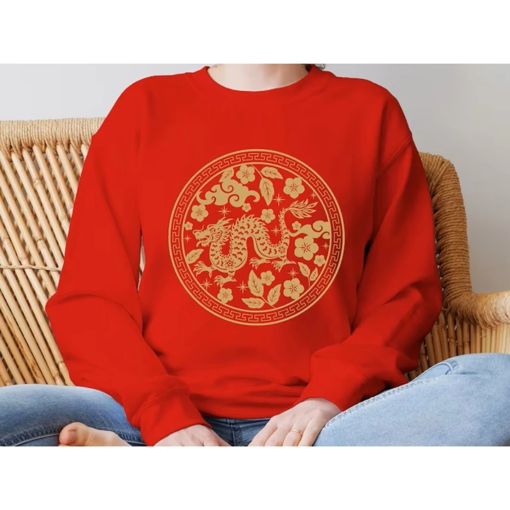 Chinese New Year 2024 Dragon Sweatshirt Year of the Dragon 2024 Lunar New Year Clothing Chinese New Year Floral Dragon Pullovers