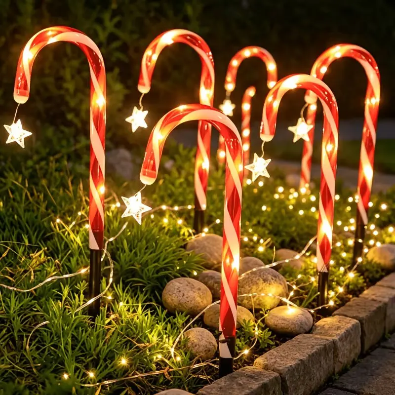 Solar Powered Christmas Candy Cane Lights with Stars,5/8 Pack 8 Modes LED Garden Stake Lights,Outdoor Yard Lawn Holiday Decor