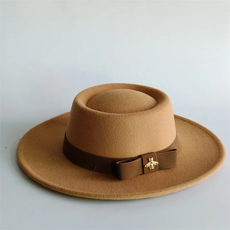 Bow Tie Fedora Fedora Hat Bee Bow Winter Round Concave and Convex Flat Top Bow Elastic Band Men's and Women's Red Jazz Hat