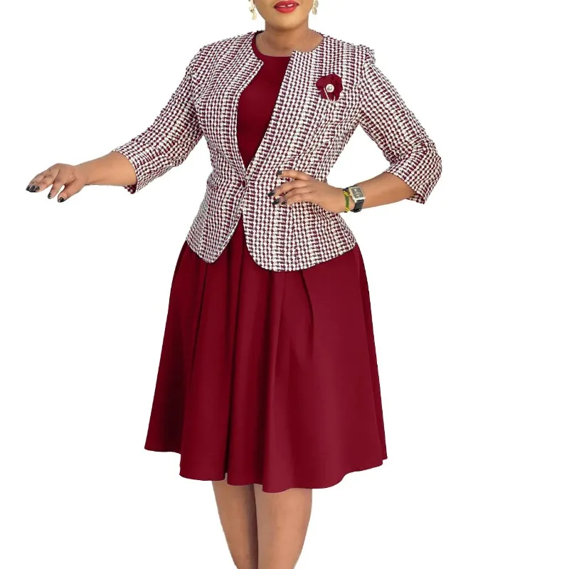 فساتين Dashiki الأفريقية للنساء موضة الخريف والشتاء الأفريقية 3/4 كم فستان ميدي مع معطف ملابس أفريقية للنساء