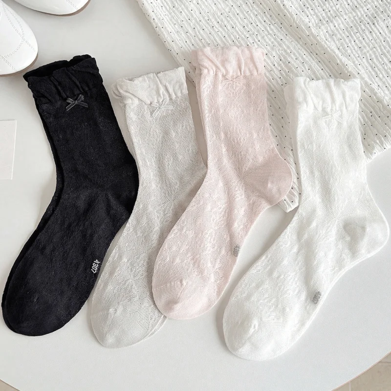 Damensocken Frühling Sommer Neue Mode Dünne Niedliche Schleife Lange Socken für Frauen Koreanischer Stil Crew-Socken für Damen