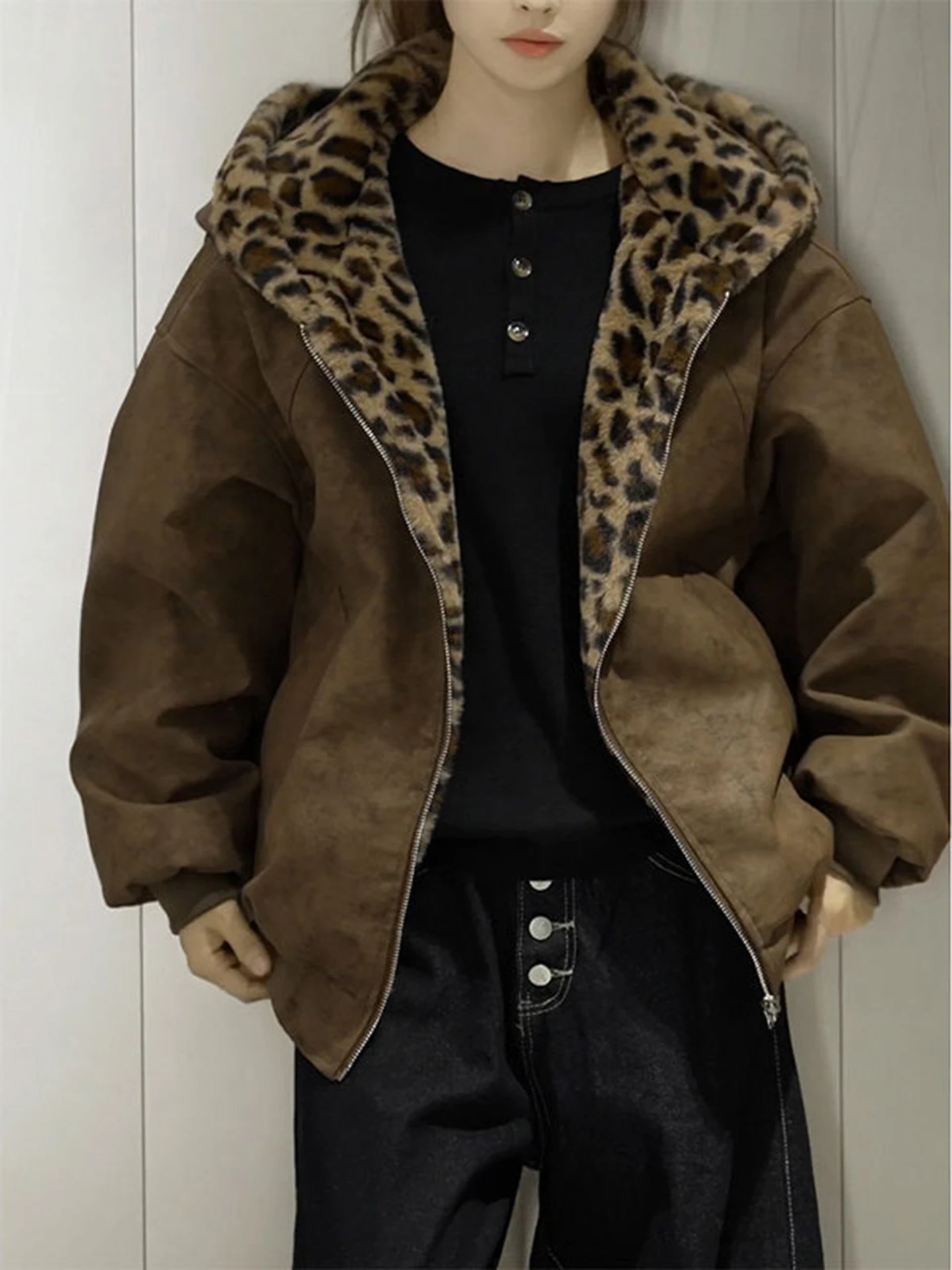 

Bengal Tiger Print Double-Sided Wear Mountain Eagle Cotton Jaet Men's Winter Fce Lined Warm PU Leather ort Coat