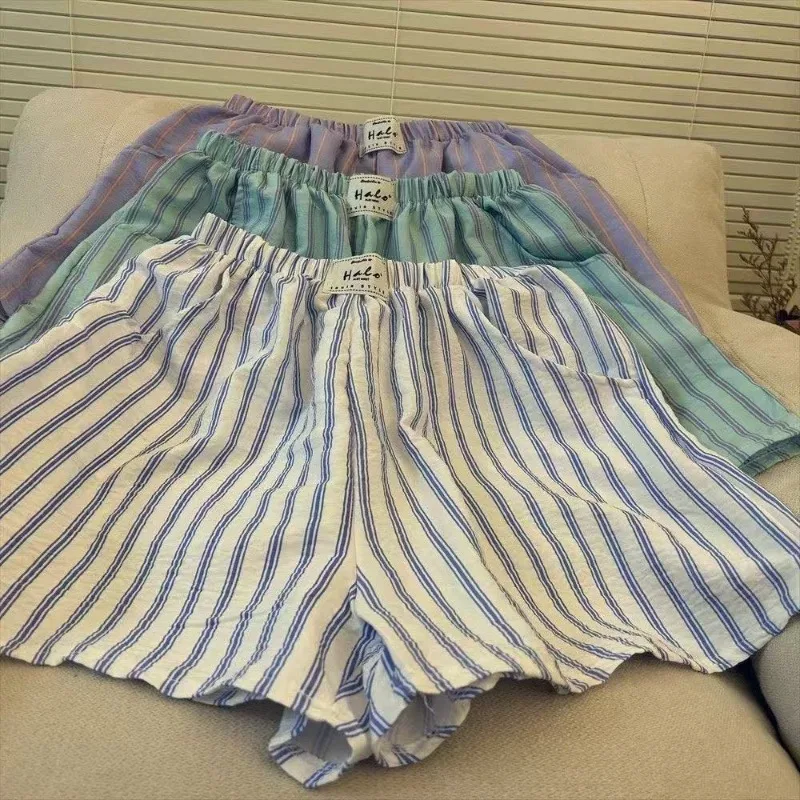 Women Striped Elastic Waist Shorts Sleep Bottoms Summer Ultra-thin Comfortable Midwaist Home Outerwear Shorts Casual Cute Shorts
