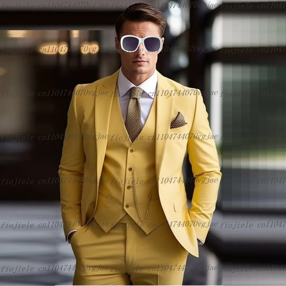 

Customized Yellow Men Suit Formal Occasion Wedding Party Groom Groomsman Business Male Tuxedos 3 Piece Set Jacket Vest Pants
