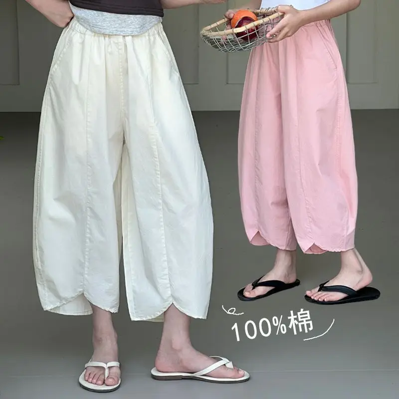 2026 Girls' Summer Thin Loose Pure Cotton Wide Leg Pants, Mid Size Children's Casual Cropped Mosquito Proof Pants