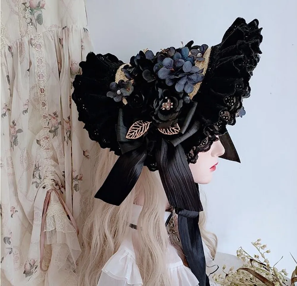 French Lolita Style Vintage Victorian Sun Hat Straw Handmade Tea Party Headwear Accessories Princess Beach Cap