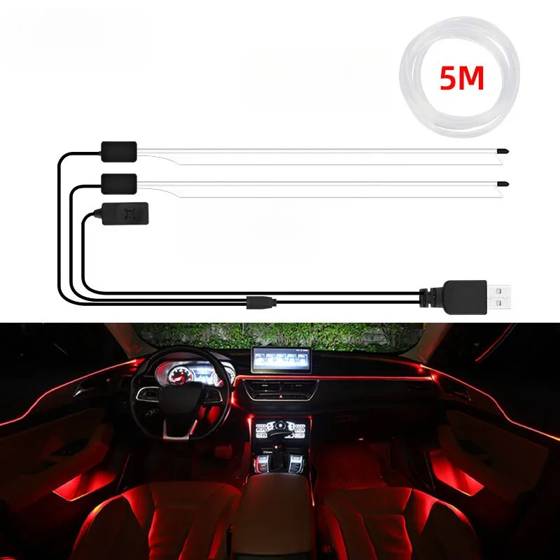 5M RGB LED Ambient Light Strip USB Fiber for optic Car Interior Decoration with Adjustable Brightness Multiple Levels