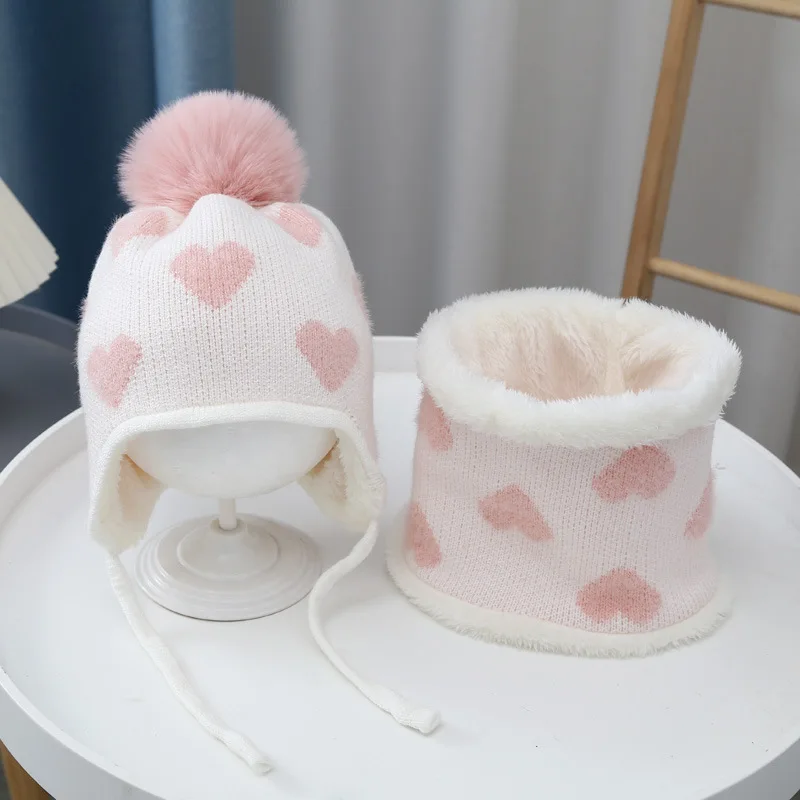 3-6Y Winter Knitted Children's Hat&scarf Set Fleece Lining Warm Kids Beanies Hat for Girl Ear Protection Pompom Hats for Child