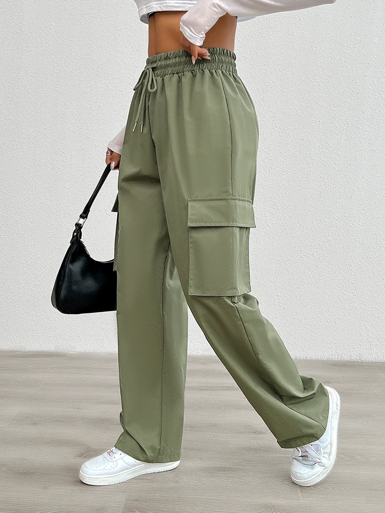 2024 Women New Overalls Elastic Drawstring Waist Pants Wide Leg Baggy Trousers Y2k Streetwear Oversize Sweatpants With Pocket