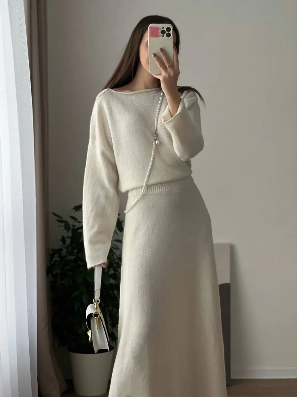 2026 Fashion Street Outfits Autumn Gray O-neck Loose Sweater Long Skirt Set Full Sleeve Solid Color Pullover Midi Skirt Suits