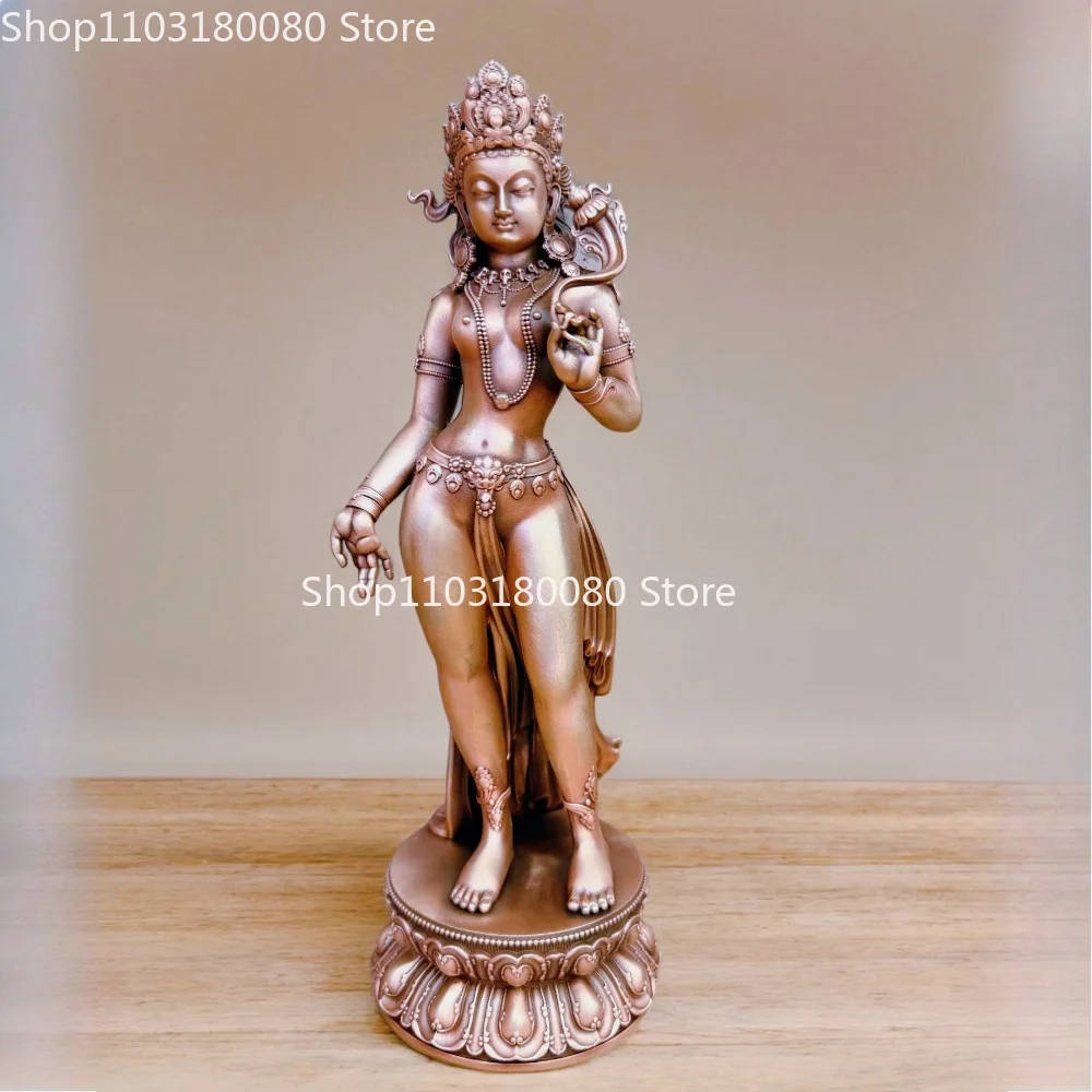 23cm Handcrafted Red Copper Carved Standing Green Tara Statue Tibetan Goddess of Mercy for Home Altar Meditation Display Decor