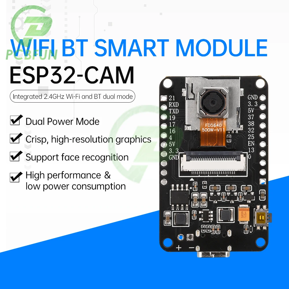 ESP32-CAM Development Board WiFi Bluetooth Module CH340X OV5640 AF-72mm Camera 500W Pixel