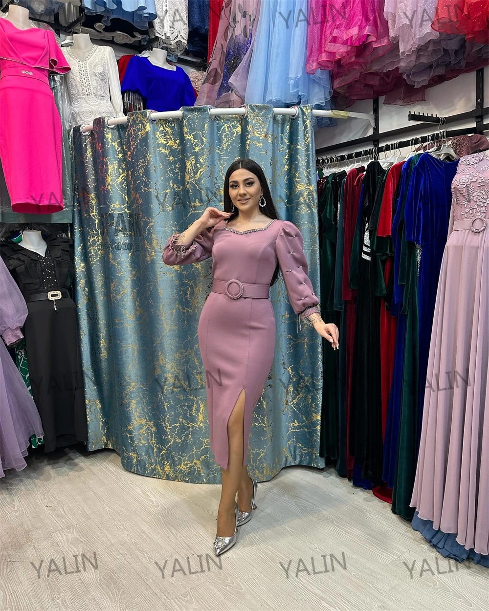 CustomizedTemperament Tea-Length Party Dress V Neck Belt Prom Gown Straight Three Quarter Celebrity Banquet  فساتين للحفلات الرا