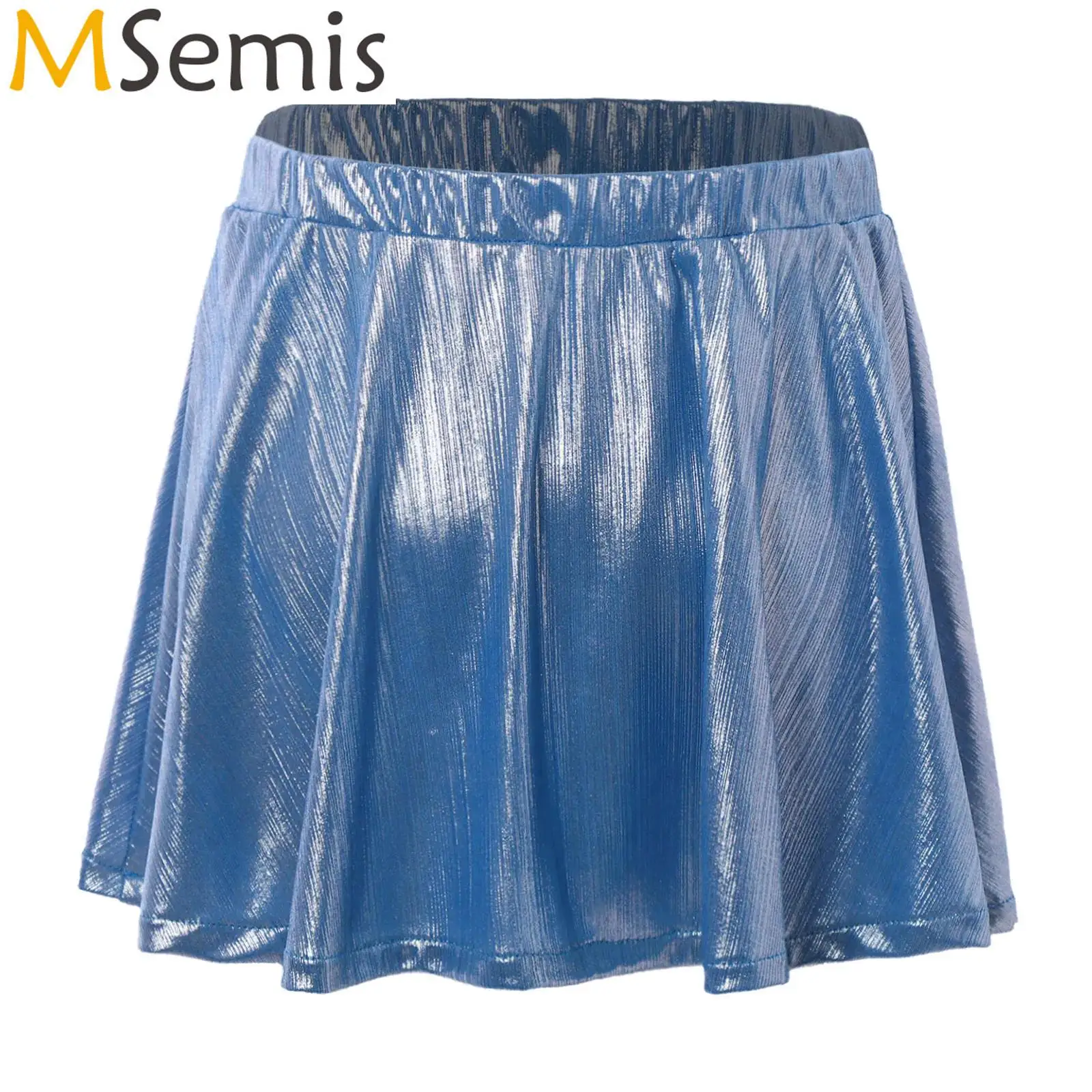 Kids Girls Metallic Ruffled Skirts Elastic Waistband Shimmery Skirt Jazz Ballet Dance Cheerleading Stage Performance Costume