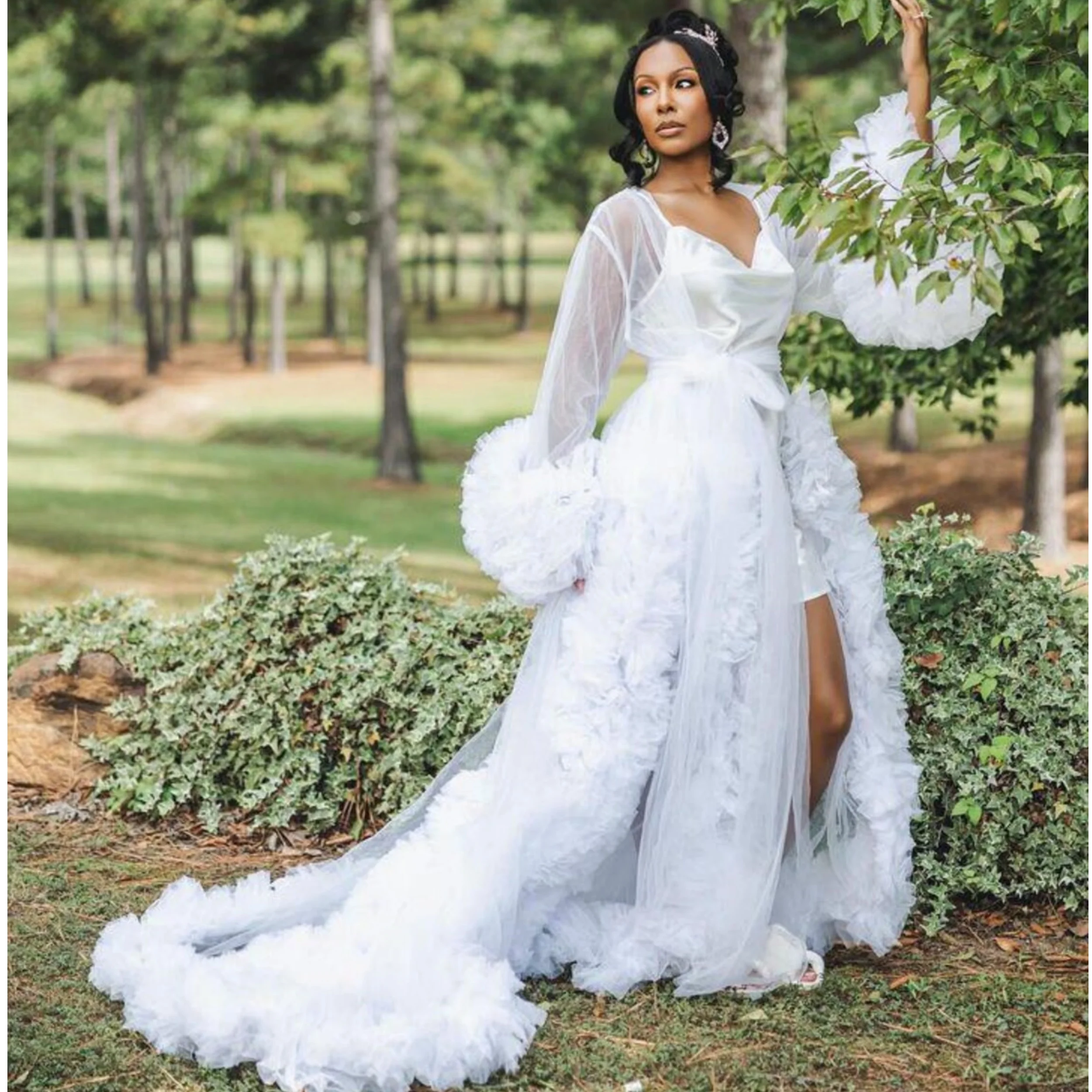 

Linda White Bridal Robes A Line Long Tulle Sleeve Maternity Dress(Do Not Include The Underwear) Customized Sleepwear Nightgown