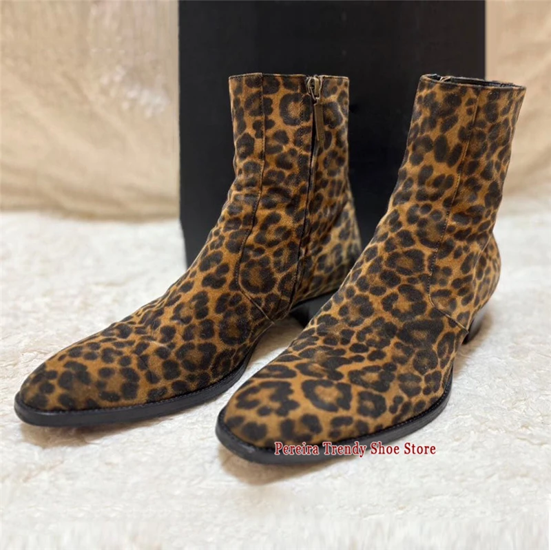 

Men's Horse Hair Leopard Print Chelsea Boots British Style Handmade Genuine Leather Pointed Toe Side Zip Thick Heel Short Boots