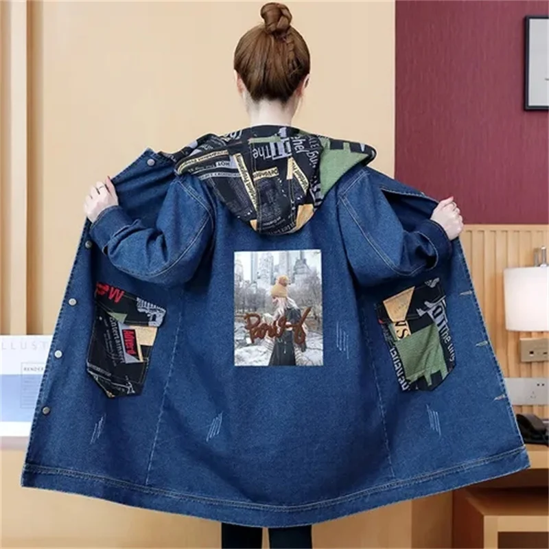 Lady Medium Long Styles Jeans Jacket Korean Female Work Clothes Cowboy Windbreaker Spring Autumn Women Large Size 5XL Denim Coat