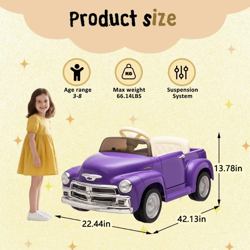 12V Kids Ride On Truck Car Licensed Chevrolet 3100 pick up,electric car for kid,Vintage Modeling,LED Lights,Bluetooth,USB,Age 3+