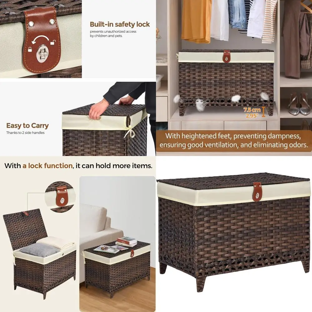 

Lidded Wicker Storage Basket, Removable Liner Rattan Shelf Bin, 160L Large Storage Container, Elevated Foot Storage Trunk, Wardr