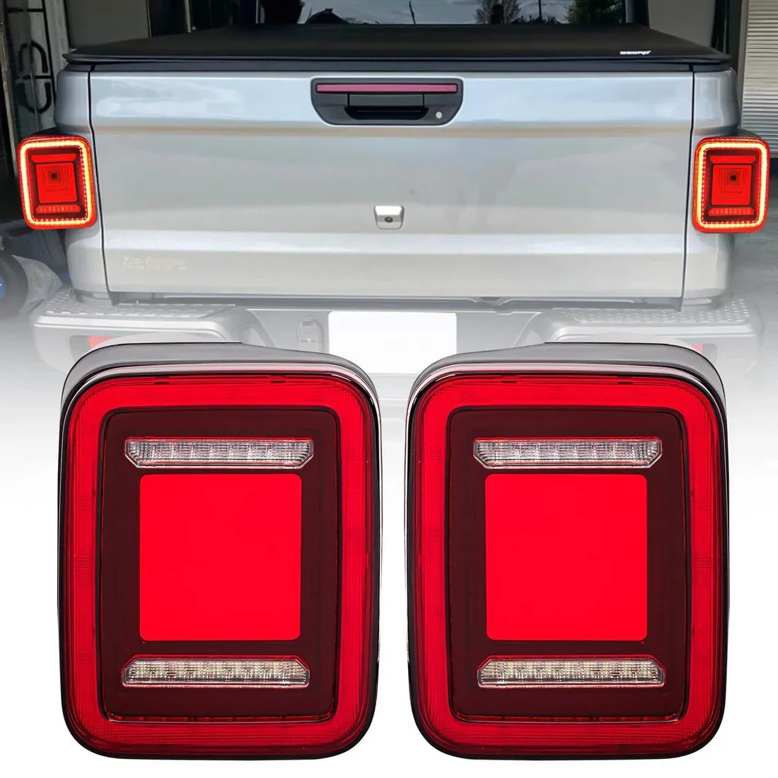 2PCS LED Rear Tail Light Assembly For Jeep Gladiator JT 2020-2025 Brake Turn Signal Reverse Running Lights Red Lens