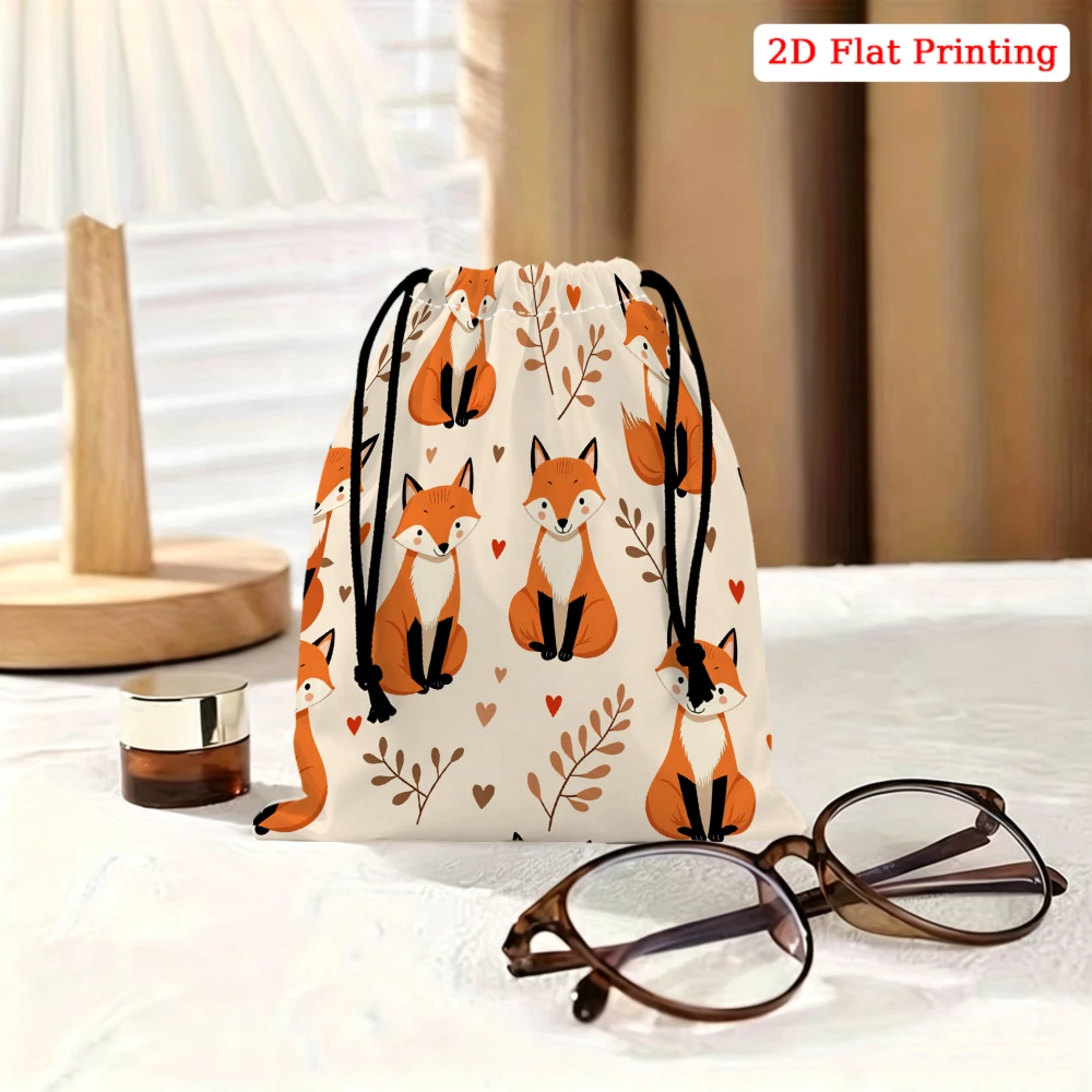 1pc Cartoon Fox Print Drawstring Bag Cream White Cute Animal Pattern Storage Small Pouch For Glasses Cosmetics Travel Organizer