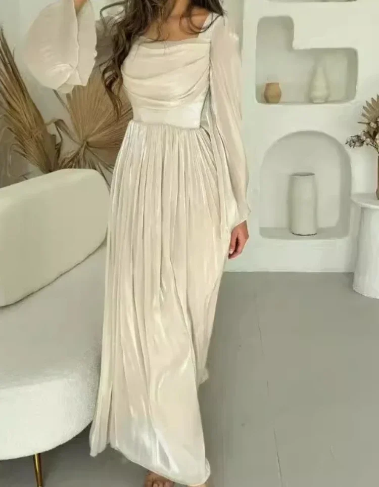 Party Dress Women Long Dresses Elegant Splice Square Collar Pleated Casual Slim Prom Pleated High Waist Full Sleeve Vestidos