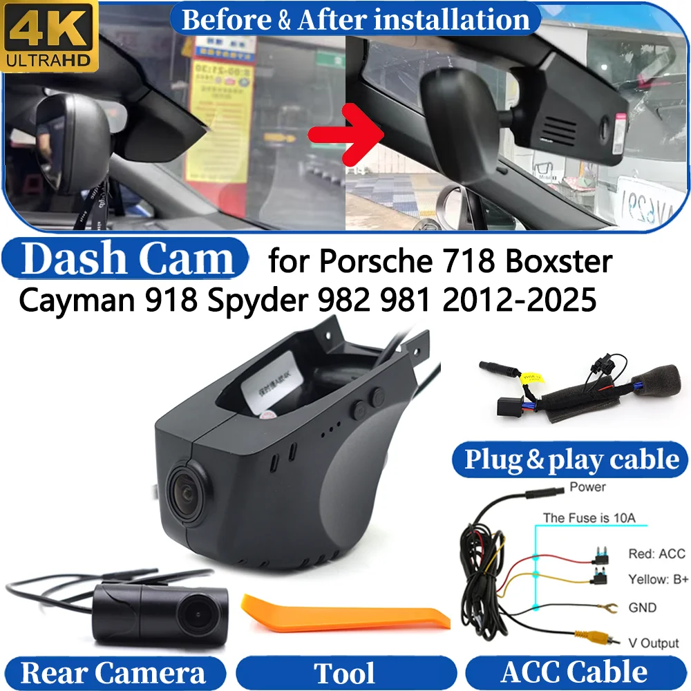 Cámara para Coche para Porsche 718 Boxster Cayman 918 Spyder 982 981 2012-2025, Cámara Delantera y Trasera 4K DVR, Grabadora de Video para el Tablero