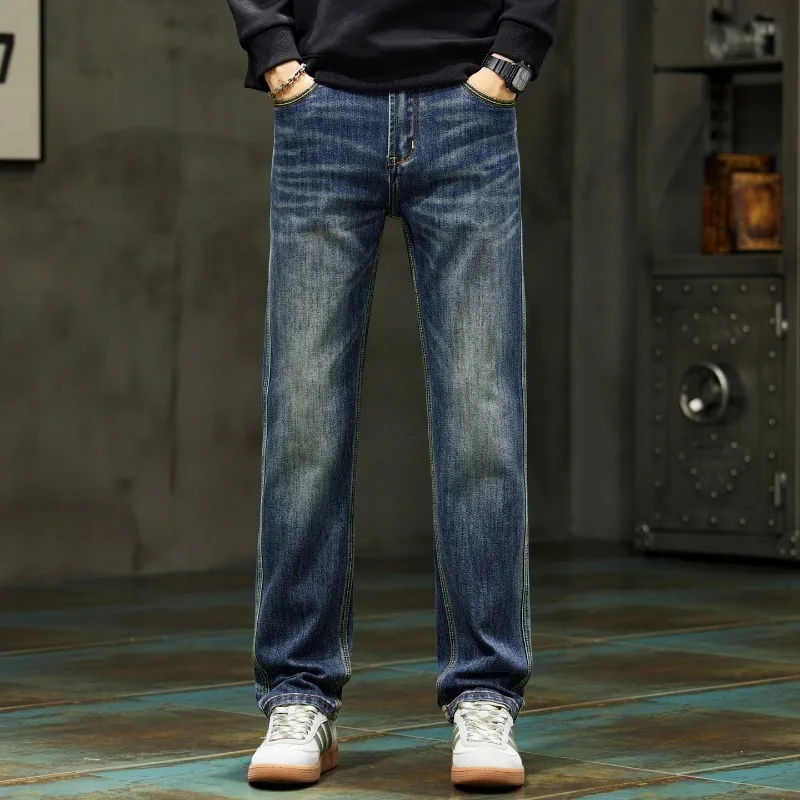 

Business Casual Jeans For Men Slim Straight Stretchy Male Long Trousers Top Quality Contrast Color Design Vintage Size 28-40